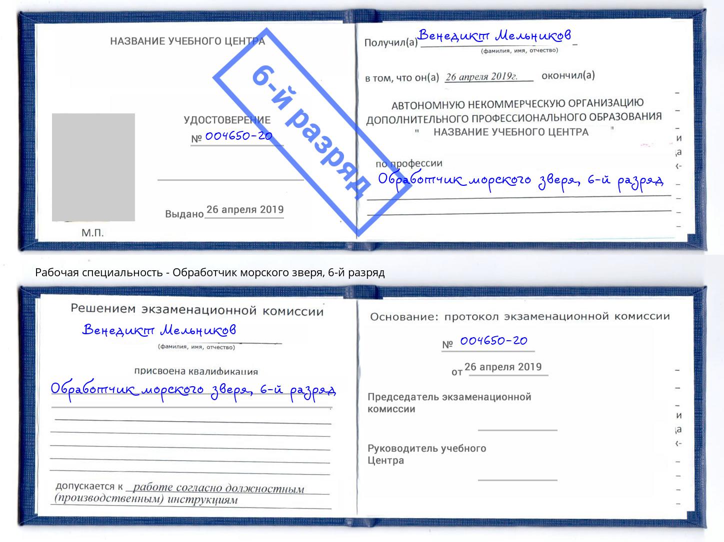 корочка 6-й разряд Обработчик морского зверя Усть-Лабинск