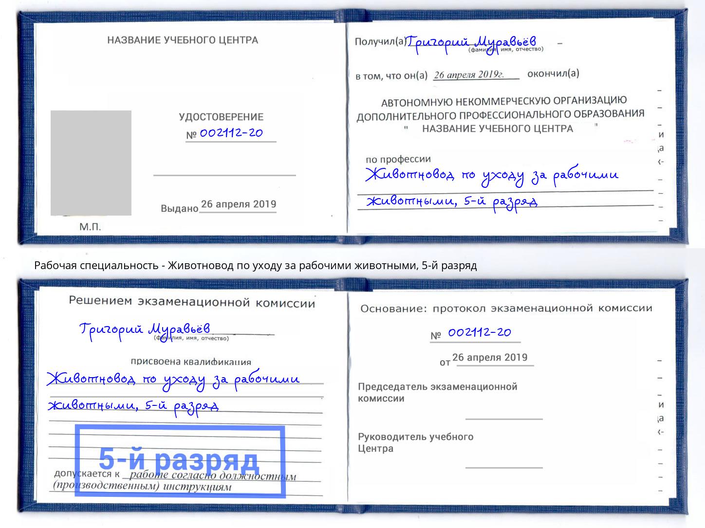 корочка 5-й разряд Животновод по уходу за рабочими животными Усть-Лабинск